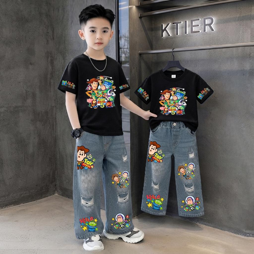 ชุดเซ็ทเด็กผู้ชาย ลายสุดฮิต 2ชิ้น เสื้อลายสกรีน*กางเกงยีนส์สกรีน สไตล์เกาหลี