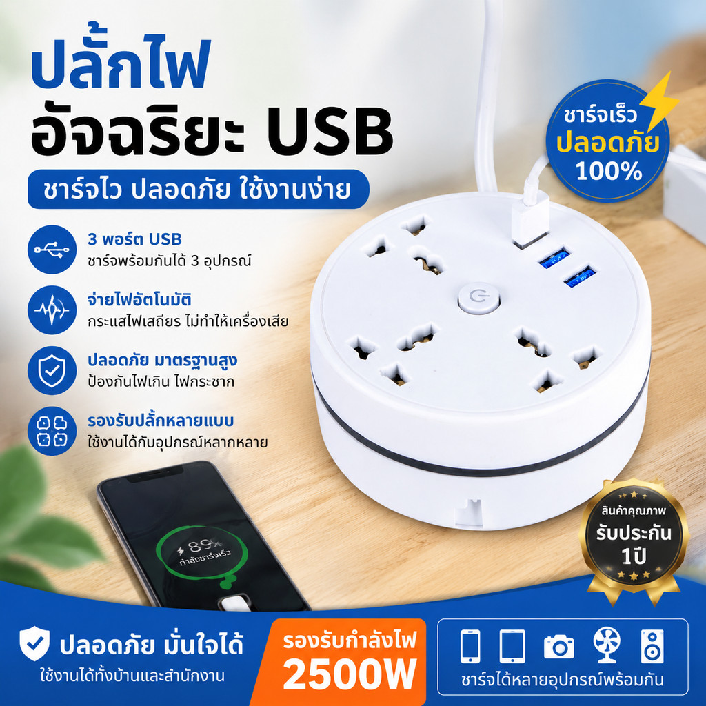 📦กรุงเทพฯ📦[ แท้ ]  ปลั๊กม้วน ความยาว 1.8/2.8 เมตร USB  1 ช่อง มีมอก. รับประกัน 3 ปี  ปลั๊กพ่วงเก็บสายได้ USB ปลั๊ก