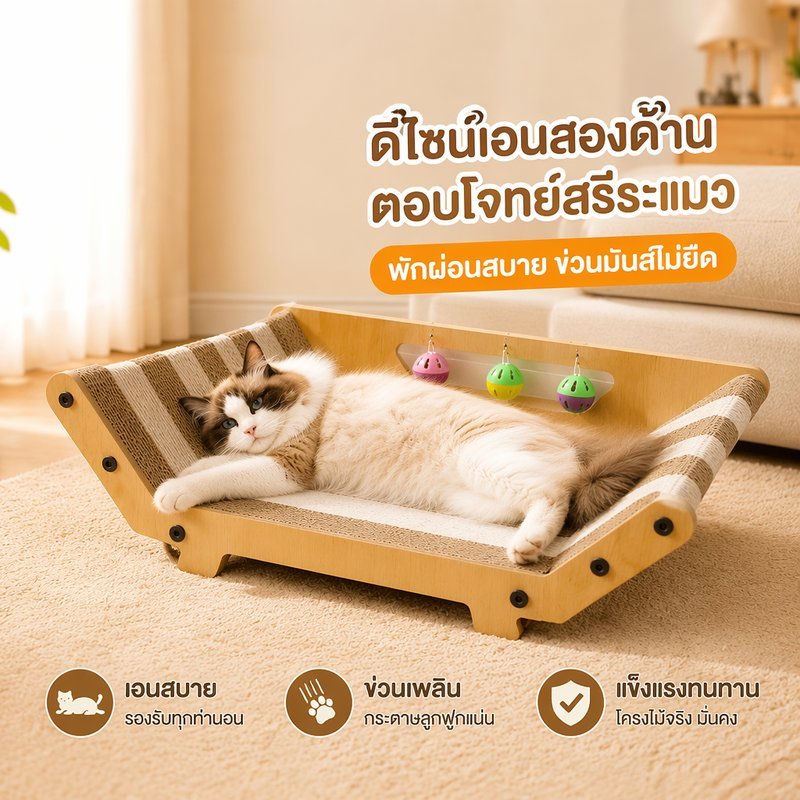 โซฟาแมว ที่ลับเล็บแมว 2in1 ทรงเอนสองด้าน กระดาษลูกฟูกหนาแน่น พร้อมลูกบอลกระดิ่ง 3 ลูก