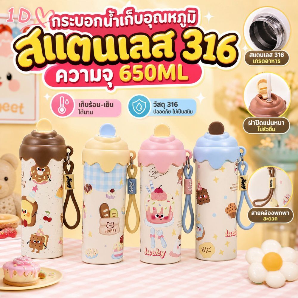 ขวดน้ำเก็บความร้อนสแตนเลส 316 ลายการ์ตูน ขนาด 650 มล. พร้อมหลอดดูด ป้องกันการรั่วซึม ฉนวนกันความร้อน