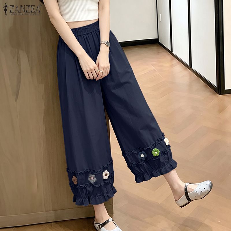 ZANZEA ผู้หญิงสาวเกาหลีสดเอวสูง 3D ดอกไม้ตกแต่ง Ruffles ตัด Crop โคมไฟกางเกง — صورة 4
