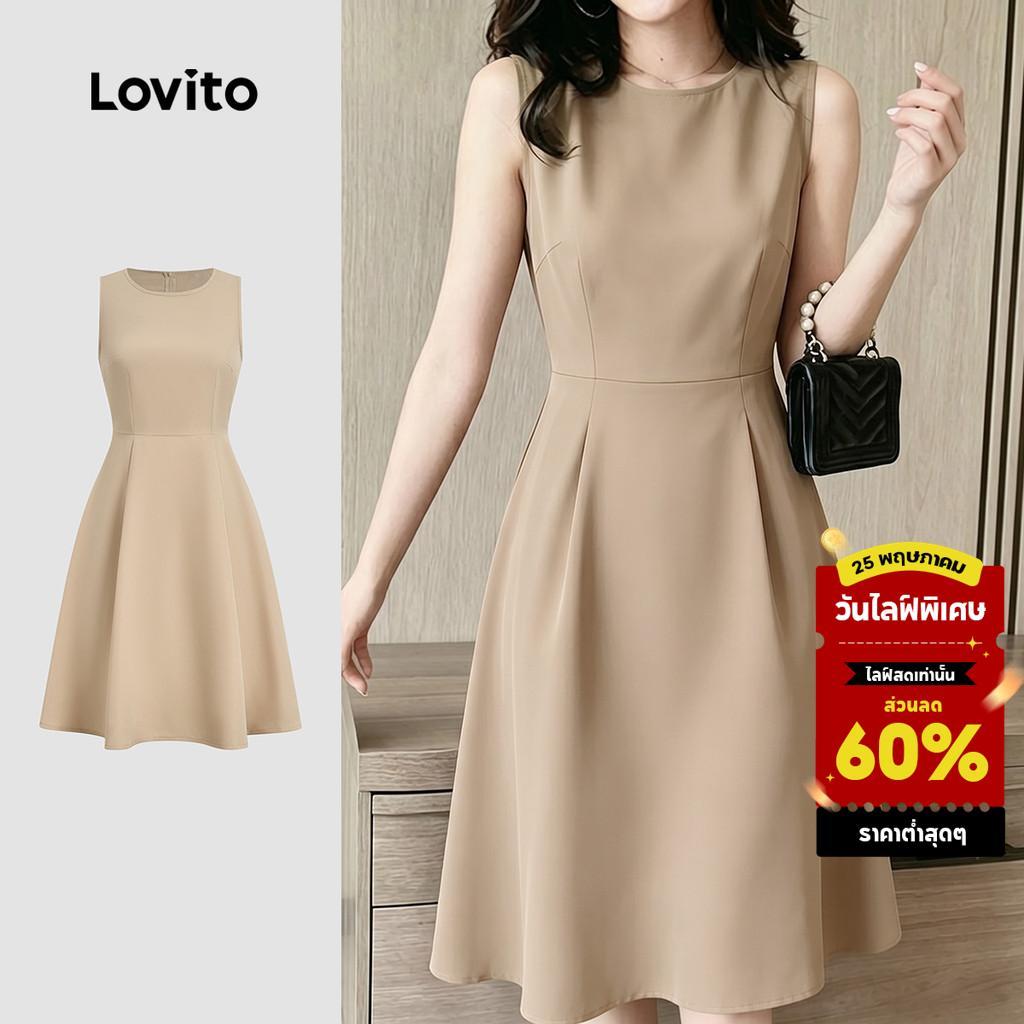 (New Arrival) Lovito เดรสผ้าเดรปทรงสบายสไตล์ลําลอง โทนกากี สําหรับผู้หญิง เหมาะสําหรับฤดูใบไม้ผลิและฤดูร้อน เกาหลี อินเทรนด์ L195AD084
