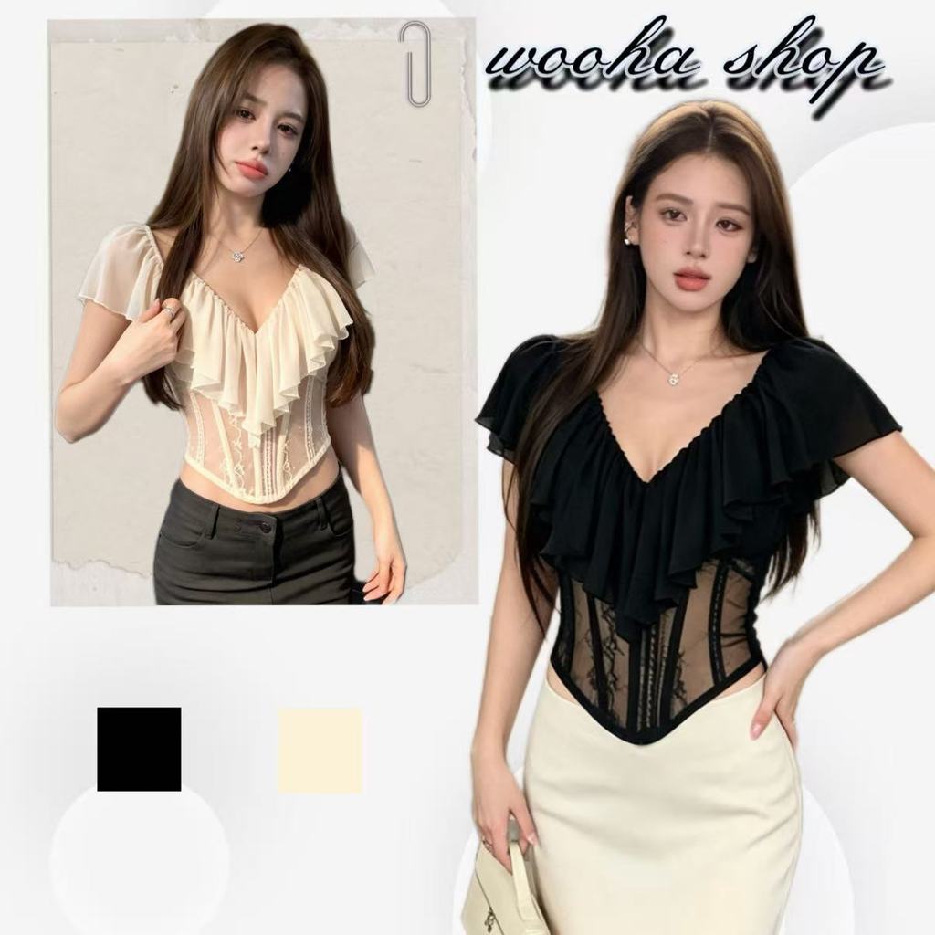 wooha shop เสื้อชีฟองแขนสั้นคอวีสีขาวสไตล์ฝรั่งเศสสำหรับผู้หญิง ดีไซน์สำหรับฤดูใบไม้ผลิ/ฤดูร้อน ทรงเข้ารูป มีโครงสั้น