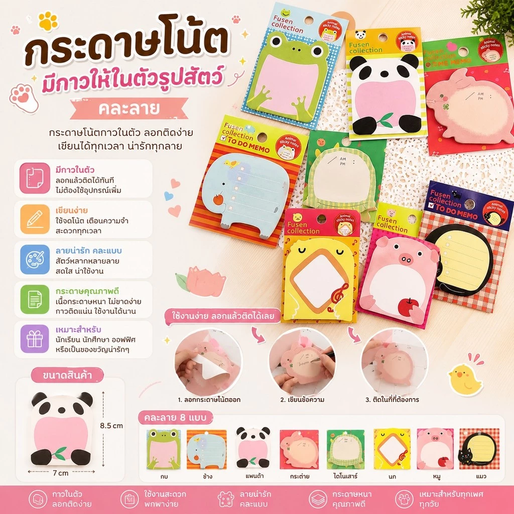 365mallshop (ร้านไทย) (SW213) กระดาษโน้ตรูปสัตว์ (สุ่มลาย) มีกาวในตัว สำหรับสำนักงาน