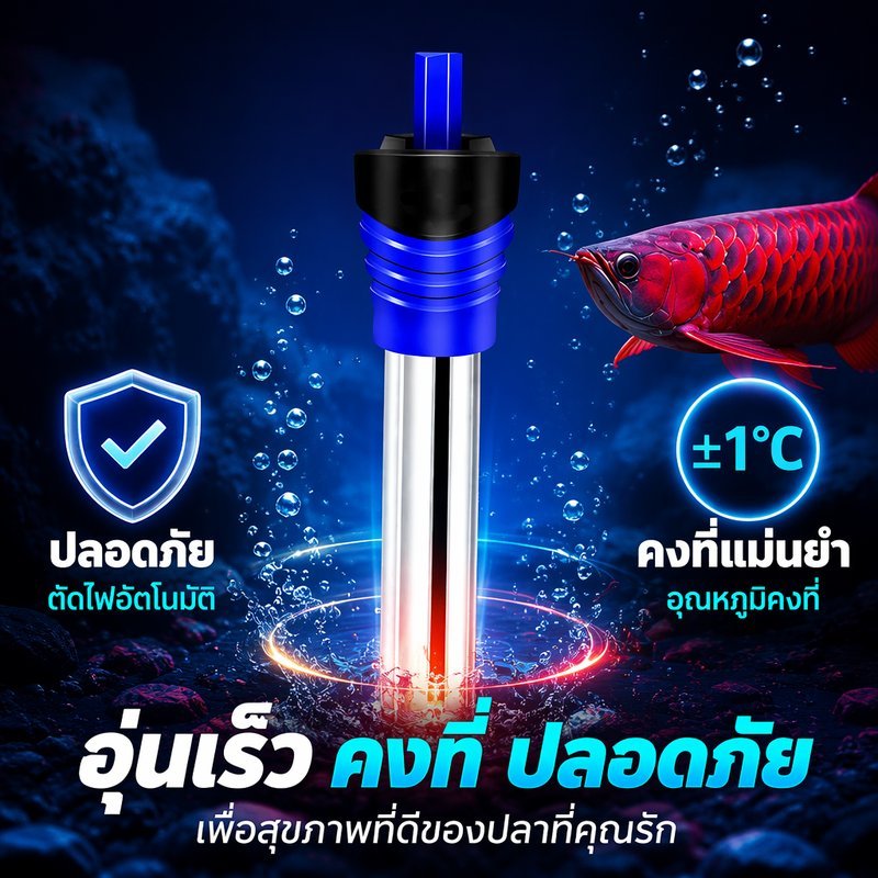 ฮีตเตอร์ตู้ปลา สแตนเลส 304 กันระเบิด ปรับอุณหภูมิอัตโนมัติ กันน้ำ ตัดไฟอัตโนมัติ 50 500W