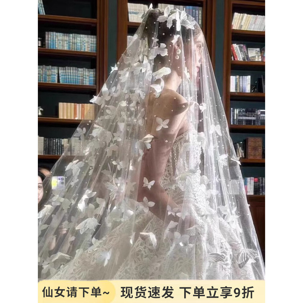 Trailing Veil เจ้าสาวชุดหลักหรูหราฟาง Headwear เจ้าสาว Veil Pearl ยาว Trailing Veil เจ้าสาวสายหลักชุ