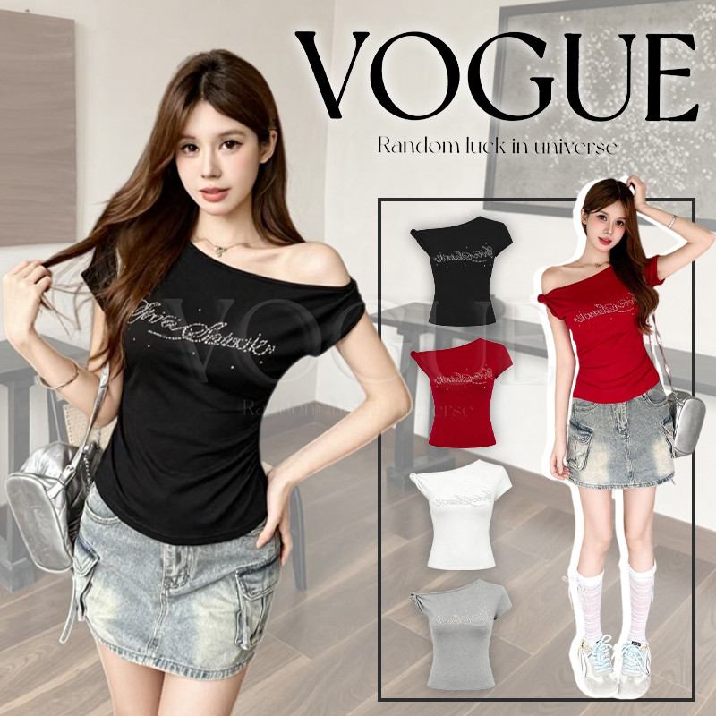 Vogue พร้อมส่ง เสื้อยืดแขนสั้นคอกว้างปาดไหล่เฉียง ยืดนุ่มใส่สบายผ้าไม่บาง มีฟองน้ำในตัวใส่สบาย (FY671)
