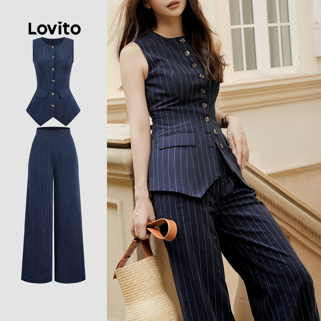 Lovito สง่างาม เสื้อหรือกางเกงผู้หญิงแบบหรูหรา กระดุมด้านหน้า สําหรับฤดูใบไม้ผลิ/ฤดูร้อน L178LD1568