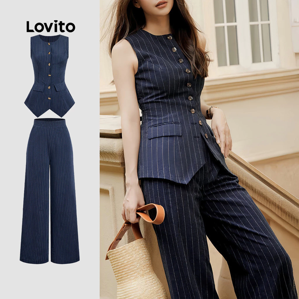 Lovito สง่างาม เสื้อหรือกางเกงผู้หญิงแบบหรูหรา กระดุมด้านหน้า สําหรับฤดูใบไม้ผลิ/ฤดูร้อน L178LD1568