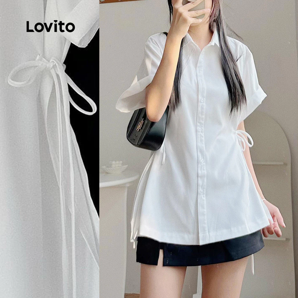 Lovito แคชชวล เสื้อเบลาส์สีขาวฤดูใบไม้ผลิ/ฤดูร้อนผูกเชือกลําลองสําหรับผู้หญิง เกาหลี อินเทรนด์ L136AD094