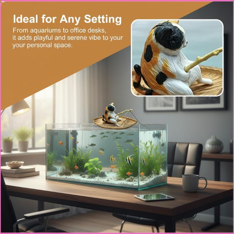 Luckyei Fascination 1 ชิ้น Creative Cat เรือตกปลาเรซิ่นสําหรับตกแต่งตู้ปลาและถังปลา Setup TQ
