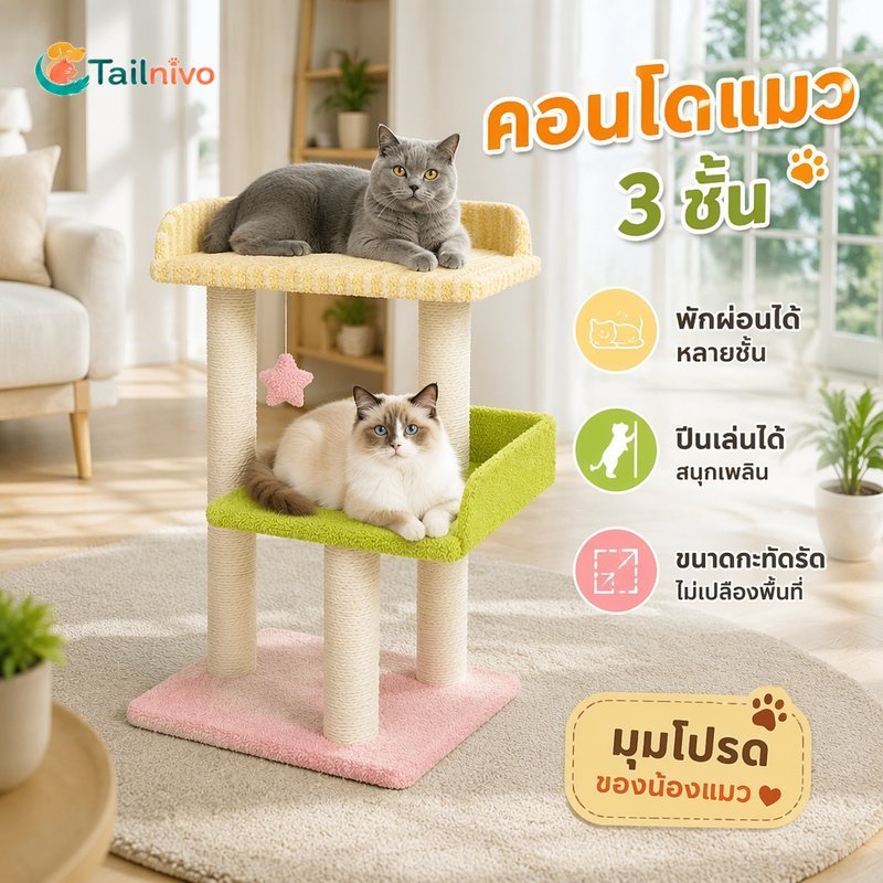 คอนโดแมว 3 ชั้น Cat Tree Cat Scratching Post ประหยัดพื้นที่เชือกป่านศรนารายณ์ที่ทนทานเตียงของเล่น