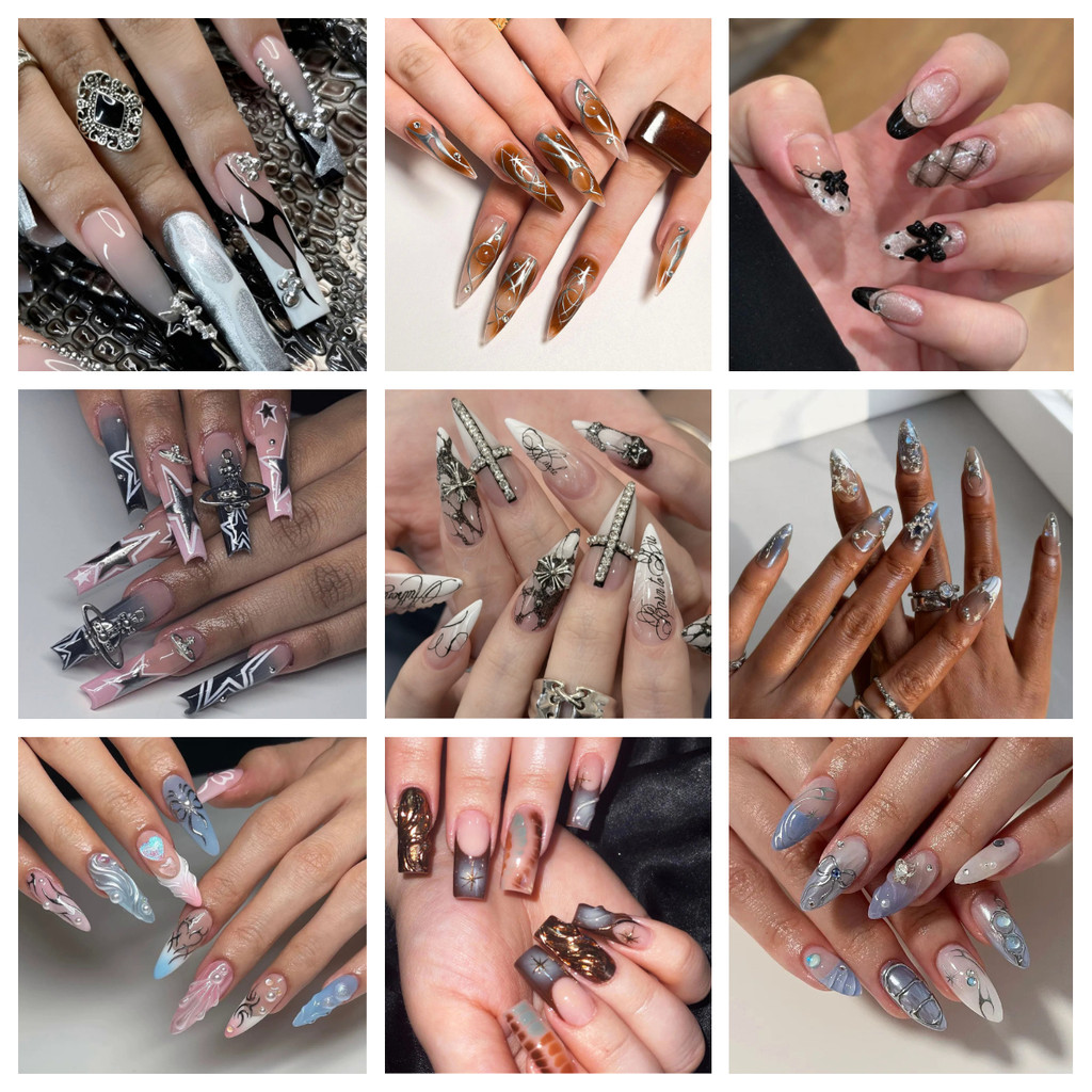 [99 รูปแบบ] 24 ชิ้น Y2K Star Press On Nails Halloween Long Coffin เล็บปลอมพร้อมกาว