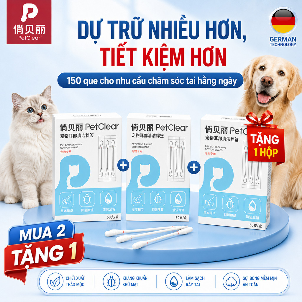 PetClear Pet Ear Care Cotton Sticks Soft Cotton Tips Box 50 แท่ง