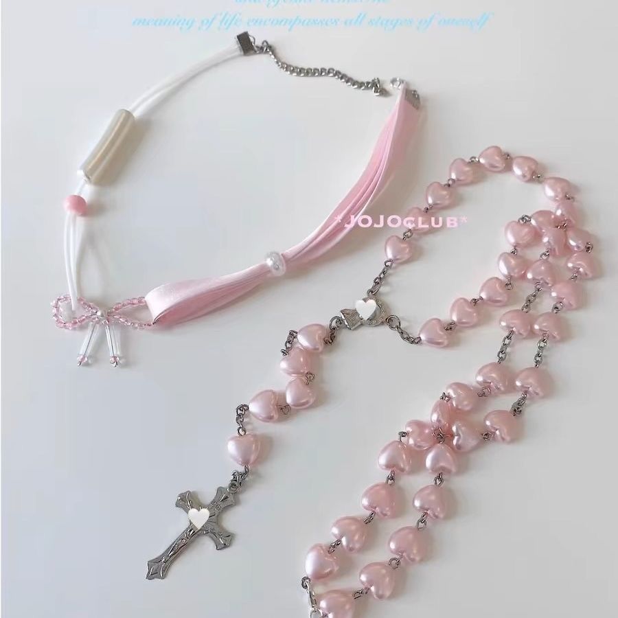 Pink Sweet y2k Cross Love Pearl Asian Girl Retro Necklace Necklace Necklace