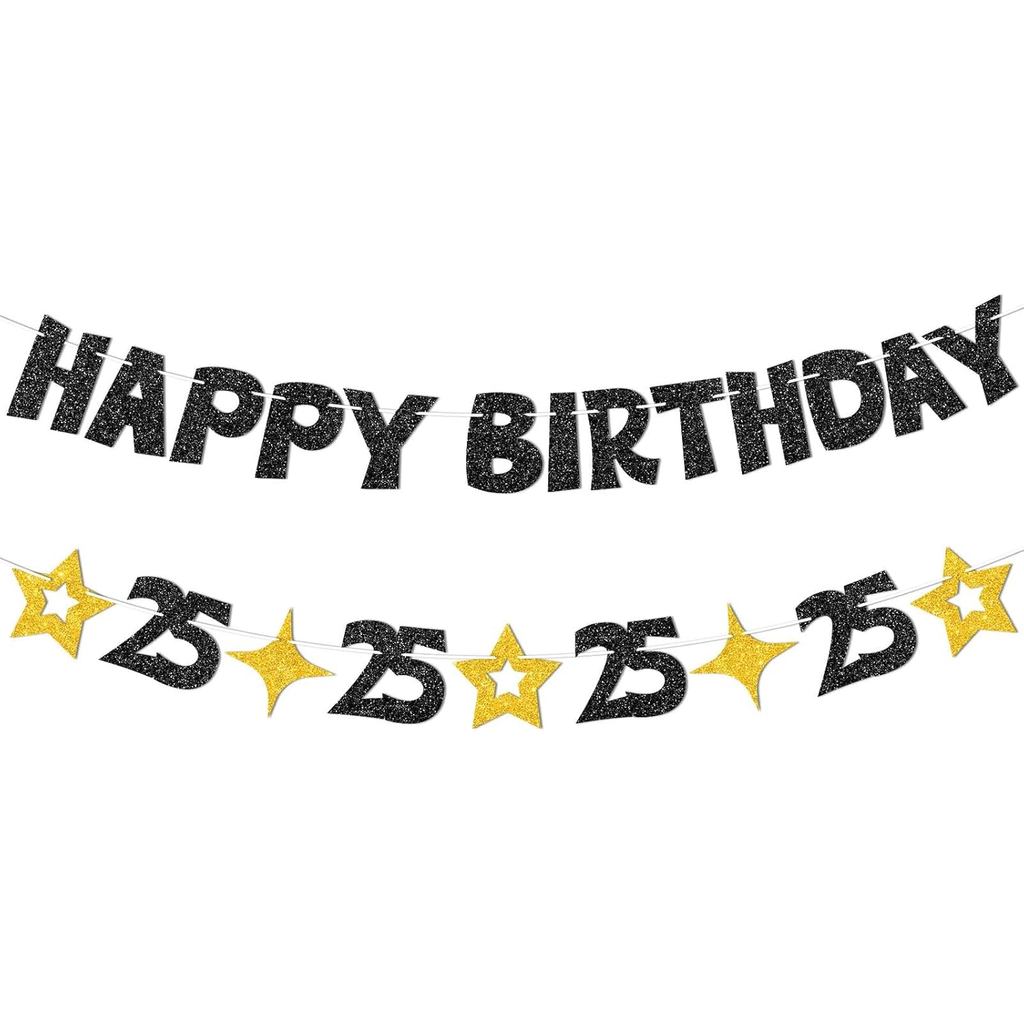 Black Gold Happy 25th Birthday Banner-Happy 25th Birthday ตกแต่งผู้หญิงผู้ชาย,Glitter 25th Birthday 