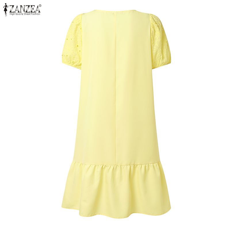ZANZEA ผู้หญิงวันหยุดเกาหลี Vibes สแควร์คอพัฟแขน Hollow Lace Ruffles Hem A-Line Dresses — صورة 8