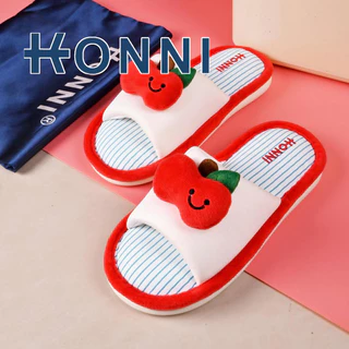 KONNI รองเท้าแตะแฟชั่น รองเท้านิ่ม หญิงน่ารัก บ้านผ้าฝ้ายผ้าลินินผ้าลินิน รองเท้าใส่ในบ้าน ลายแอปเปิ้ล