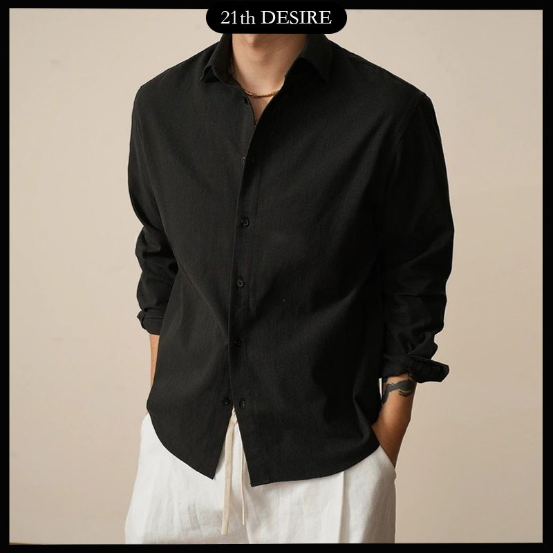 21th DESIRE-เสื้อเชิ้ตผู้ชาย แขนยาว เสื้อเชิ้ตผ้าลินินทรงหลวม ต้านรอยย่น มีระดับหรูหรา เสื้อผ้าสไตล์ลำลอง