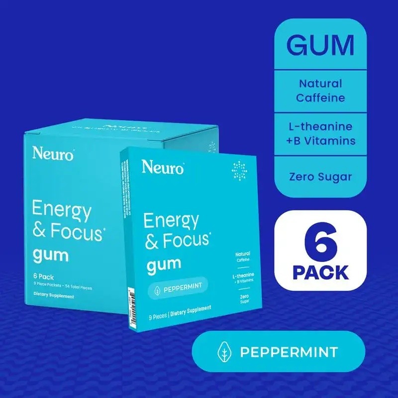 Neuro Energy Caffeine Gum/มิ้นต์สําหรับ Energy & Focus - ปราศจากน้ําตาลกับ L theanine, Caffeine, Vit