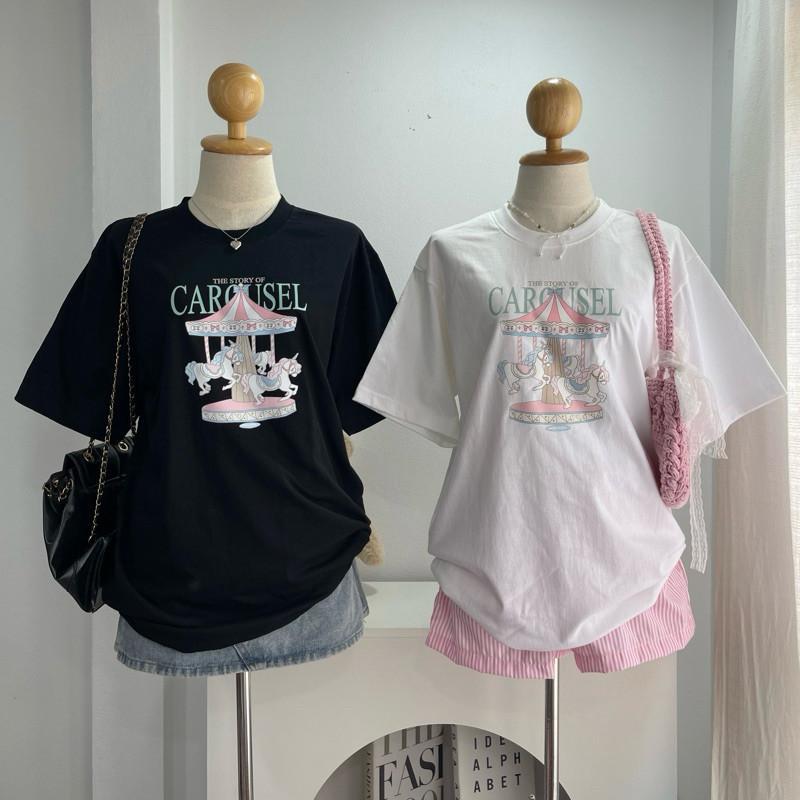 COD พร้อมส่ง ส่งจากไทย จัดส่ง24ชั่วโมง เสื้อยืดโอเวอร์ไซซ์ผู้หญิงคอกลม ผ้าฝ้าย220กรัม นุ่มระบายอากาศไม่หด ลายการ์ตูนม้าห