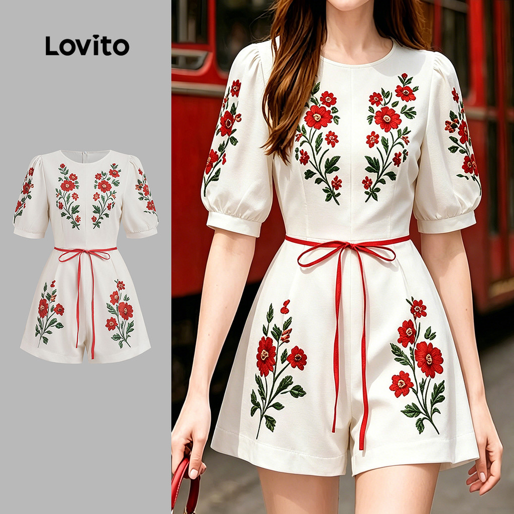 (New Arrival) Lovito จั๊มสูทสีบล็อกดอกไม้ ลําลอง สําหรับผู้หญิง เหมาะกับฤดูใบไม้ผลิ/ฤดูร้อน LK7EDD365