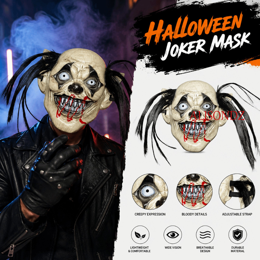 ALISONDZ หน้ากากโจ๊กเกอร์ฮาโลวีน, สมจริง Spooky น่ากลัว Joker หมวก, พรรคของขวัญความคิดสร้างสรรค์ด้วยผมเลือดรอยแผลเป็นหน้ากากเต็มหน้าปาร์ตี้ฮาโลวีน