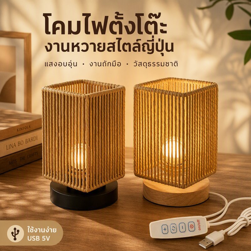 COD โคมไฟหวายสไตล์ญี่ปุ่น งานสานมือ ปรับแสง 3 สี เสียบ USB ใช้เป็นไฟหัวเตียงหรือโคมไฟตั้งโต๊ะ มินิมอล เก๋ไก๋
