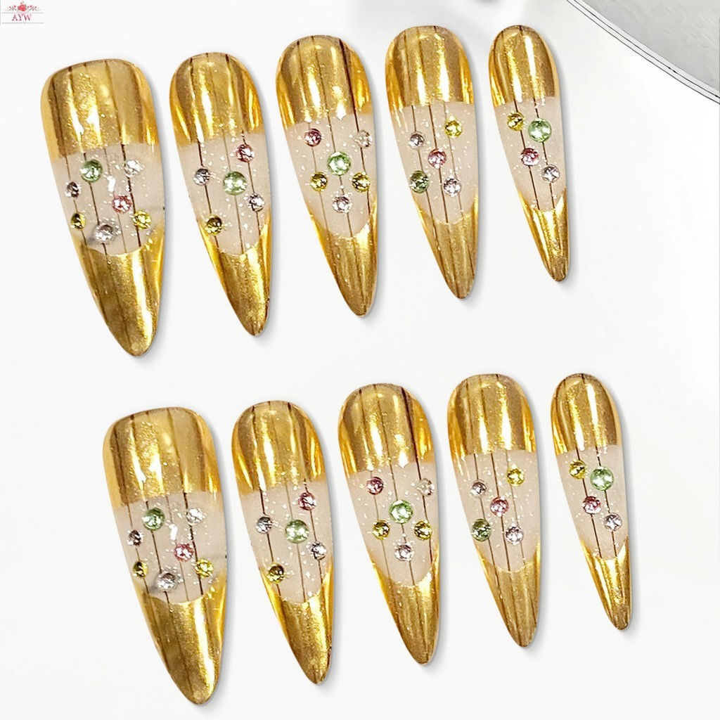 10 ชิ้นยาวชี้รูปไข่ทอง Bucherer สไตล์ Rhinestone ตกแต่ง Handmade เล็บปลอม