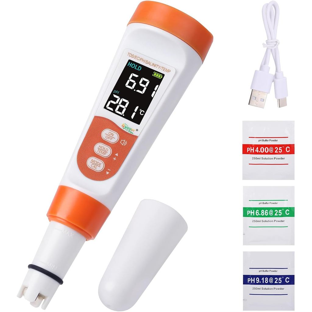 Hygger Pool Salt Tester & PH Meter, 5-in-1 Digital Pool Water Tester, ความแม่นยําสูงความเค็ม PH Temp