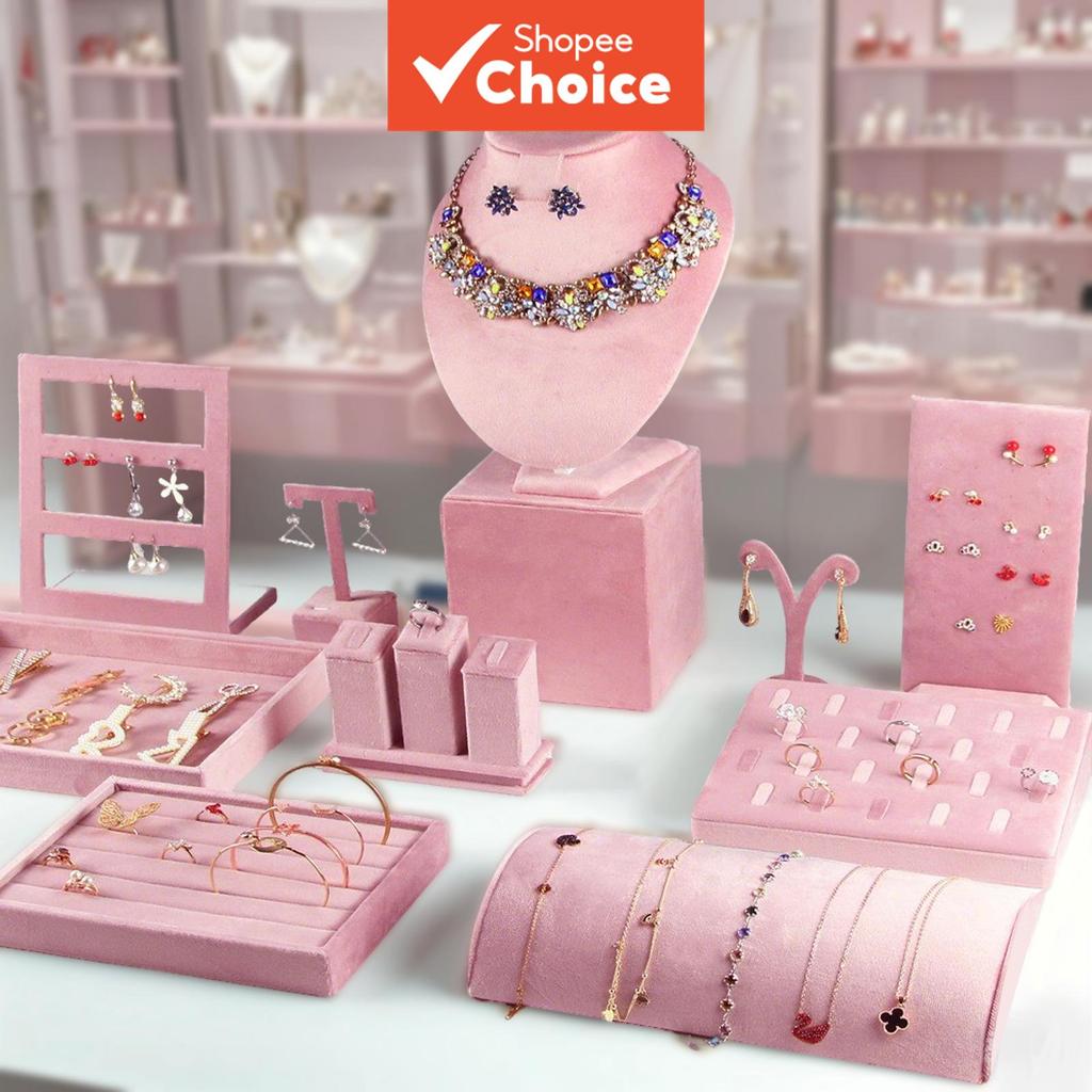 กํามะหยี่สีชมพูสร้อยคอยืนแสดงแหวนจัดเก็บถาด Jewellery Tempat Leak Cin Multi-Set Desktop Kit