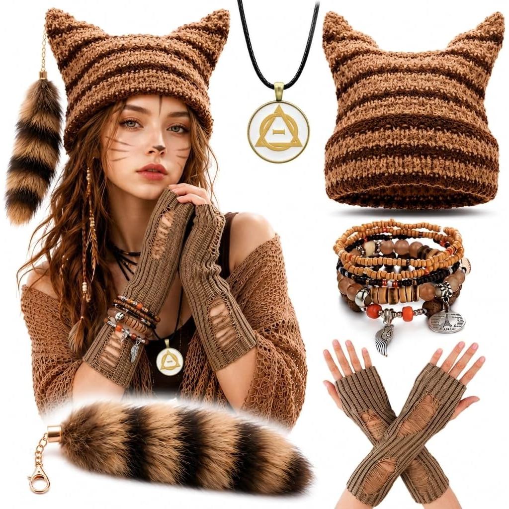 Therian Therian Stuff Gear Set 5 ชิ้น – Y2K Grunge Accessories Kit with Therian Necklace,Beanie, Tai