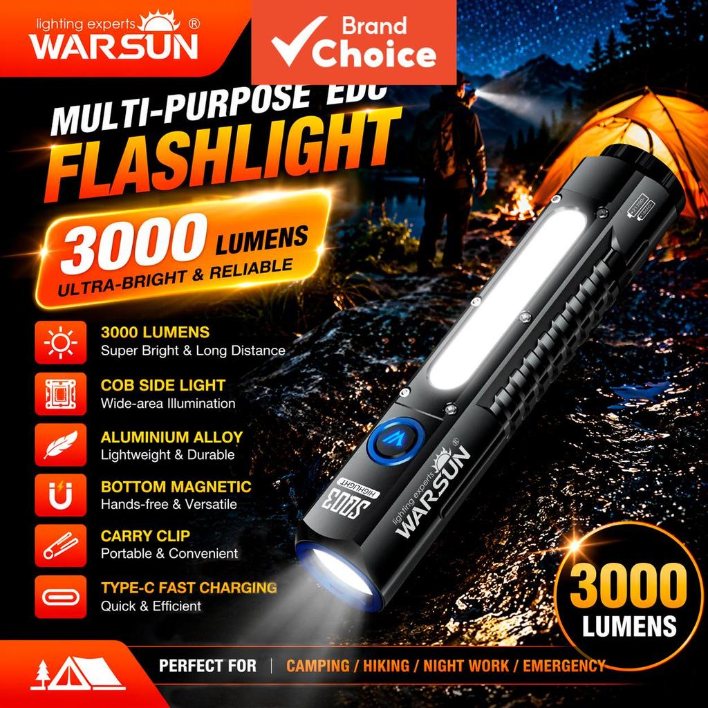 ไฟฉายพกพาแบบชาร์จไฟได้ WARSUN SQ03 พร้อมโหมดไฟ 8 แบบ สําหรับตั้งแคมป์ เดินป่า และฉุกเฉินกลางแจ้ง