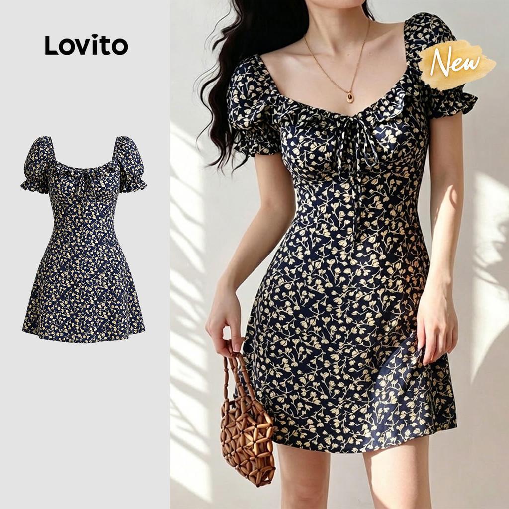 (New Arrival) Lovito ชุดเดรสลําลองผู้หญิง ผูกเชือกและซิป สําหรับฤดูใบไม้ผลิและฤดูร้อน DRK8P1D831