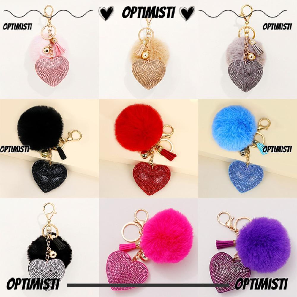 OPTIMISTI8E พวงกุญแจ, โลหะผสมสีทึบพวงกุญแจ Plush Ball, Faux Fur Rhinestone Heart Furball พวงกุญแจผู้