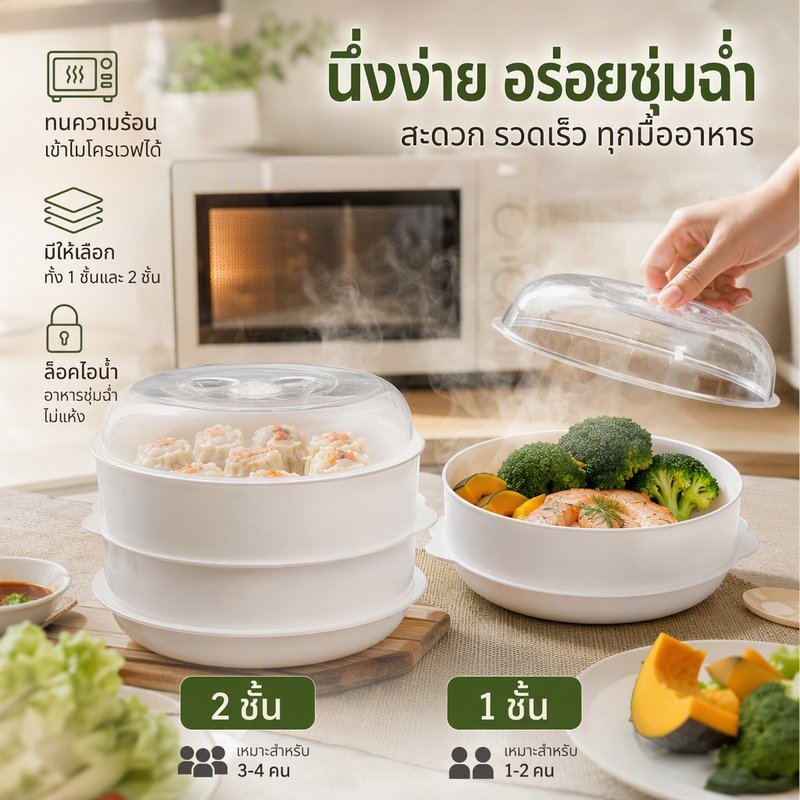 หม้อนึ่งไมโครเวฟ กล่องนึ่งอาหาร PP เกรดอาหาร ทนร้อน ฝาใส ชั้นเดียว สองชั้น อุ่นอาหาร