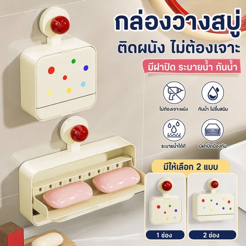 กล่องวางสบู่ติดผนัง ไม่ต้องเจาะ มีฝาปิดระบายน้ำ 1-2ช่อง ลายจุดน่ารัก กันน้ำ ใช้ห้องน้ำ ประหยัดพื้นที่