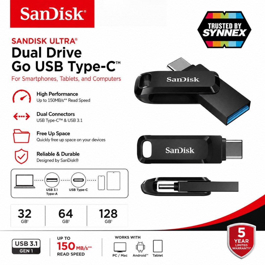 🌟[ประกัน 5 ปี] Sandisk OTG Type-C Flash 64GB 128GB 256GB Dual Flashdrive Usb Type C
