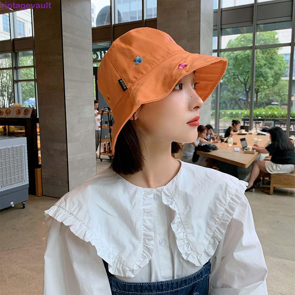 VINTAGEVAULT Visor Cap Travel สําหรับผู้หญิงชายหาดดอกไม้เย็บปักถักร้อยเกาหลี Sun Cap