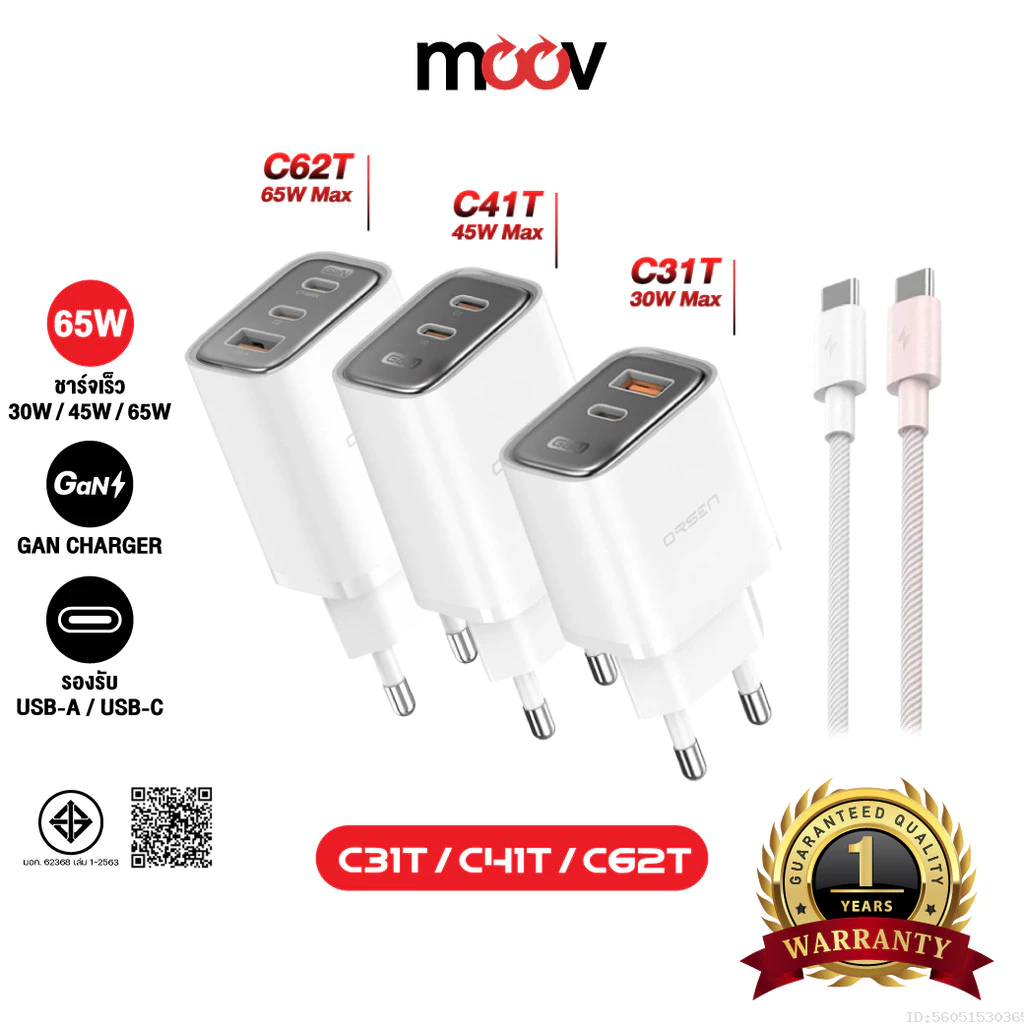 [ส่งไว] Orsen by Eloop C31T C41T C62T Combo หัวชาร์จเร็ว GaN 30W 45W 65W อแดปเตอร์ Type C มอก. Adapter พร้อมสาย 1.2M