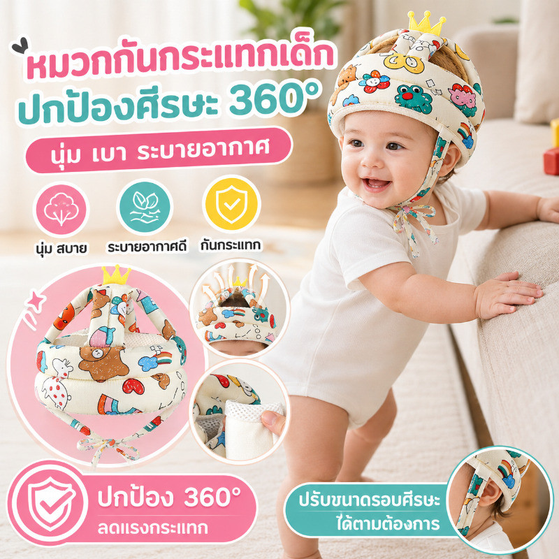 หมวกกันกระแทกเด็ก ป้องกันศีรษะ 360° ปรับขนาดได้ น้ำหนักเบา ระบายอากาศดี สำหรับเด็กหัดนั่ง หัดคลาน หัดเดิน