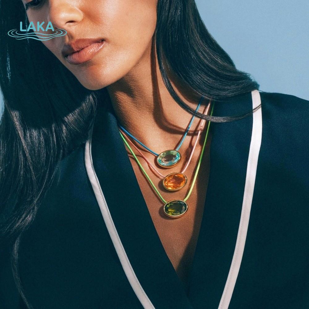 LAKAMLA สร้อยคอจี้คริสตัล,สายบางสีสันขี้ผึ้งทอง BEZEL Choker,อินเทรนด์ Gold Bezel การตั้งค่าขนาดใหญ่