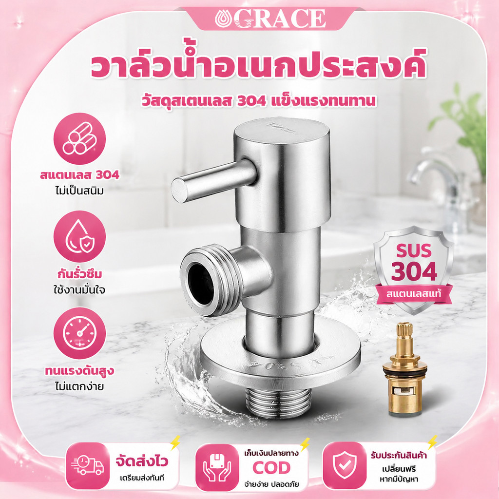 GRACE วาล์วเปิดปิดน้ำ สแตนเลส304 ไม่เป็นสนิม แกนทองเหลือง วาล์วมุมอเนกประสงค์ ติดตั้งง่าย สำหรับห้องน้ำ