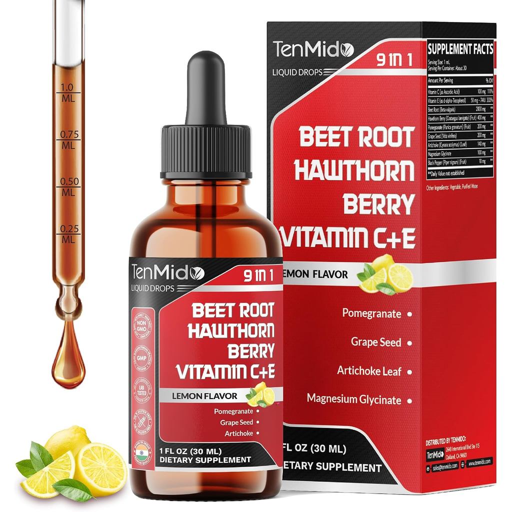 9in1 Beet Root Extract Liquid Drops with Vitamin C, Vitamin E, Hawthorn Berry, Pomegranate, Grape Se