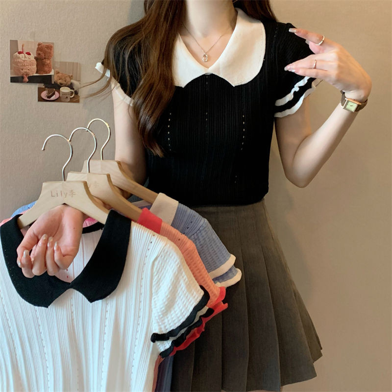 French Wave Edge แขนสั้นถักเสื้อยืดผู้หญิงฤดูร้อนตุ๊กตาคอ Hollowed-out Thin Crop Top
