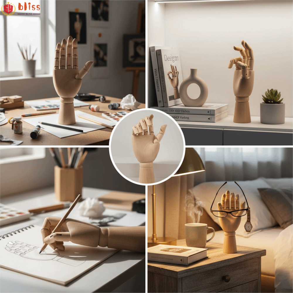 BLLISS 1 ชิ้น Mannequin Hand,ปรับ Joint ยืดหยุ่น Movable Fingers ไม้มือรุ่น,Gesture Study Wood Tone 