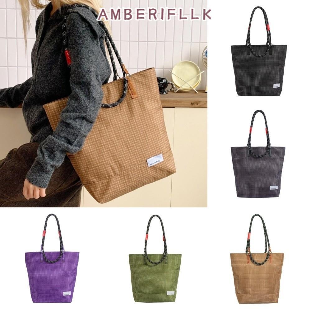 AMBER1FLLK กระเป๋าสะพาย,ซิปปิด Checkered Womens Tote Bag, Stylish Waterproof Nylon Large Size Undera