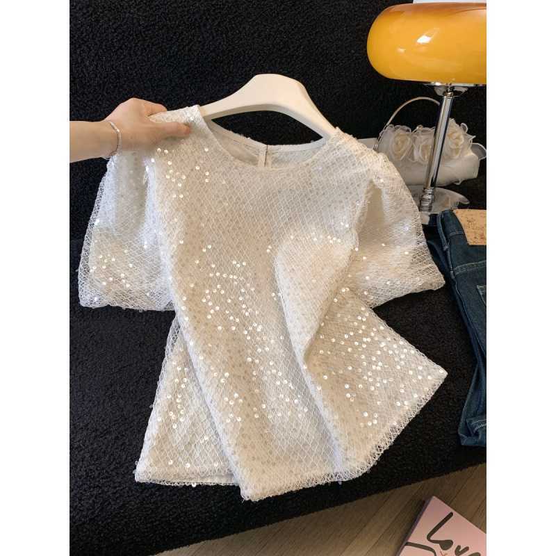 Live Home Dahong 2026 Summer Creative Fashion Sequined Heavy Industry Organza Lantern Sleeve Round N