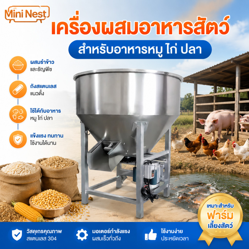 🔥เครื่องผสมอาหารสัตว์ เครื่องผสมอาหารหมู ไก่ ปลา เครื่องผสมรำข้าวและธัญพืช ถังผสมสแตนเลสแนวตั้ง สำหรับฟาร์มเลี้ยงสัตว์