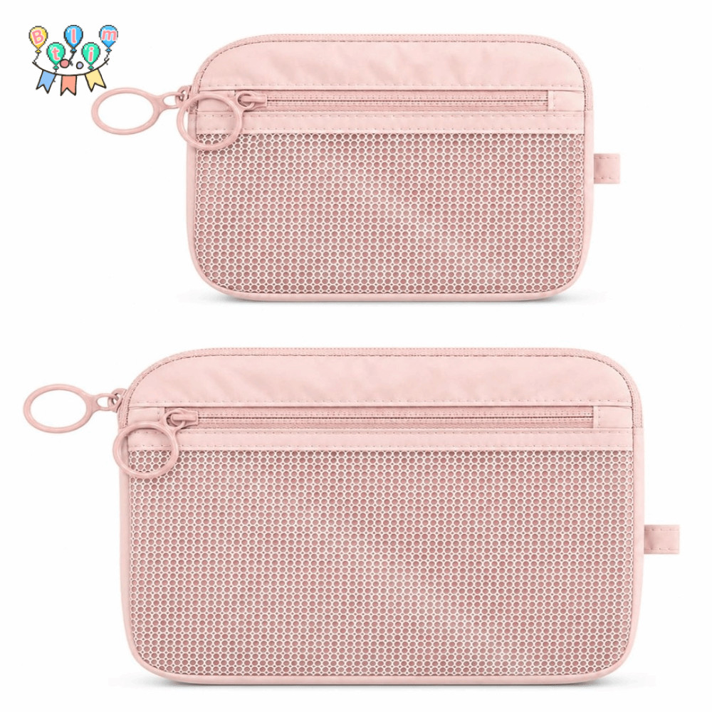 BTLIM Travel Organizer,Double Layer Nylon Mesh Storage Pouch, Zipper Pink Portable Cosmetic Bag for 